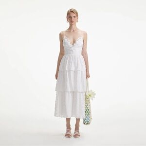 Self Portrait White Elf Portrait Ivy Lace Trim Midi Dress Lace Up Back, Size 2